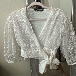ZARA White mesh floral wrap tie top
